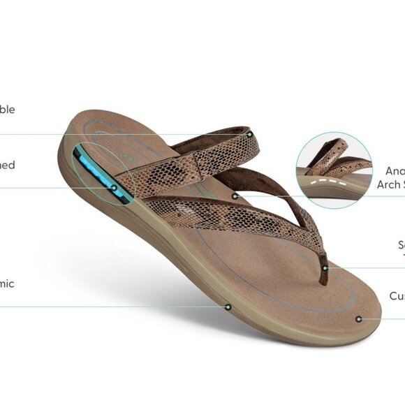 Orthofeet Gaya Thong Sandals Womens 9.5 WIDE Brown Snake Print Orthotic Insole - Picture 2 of 12